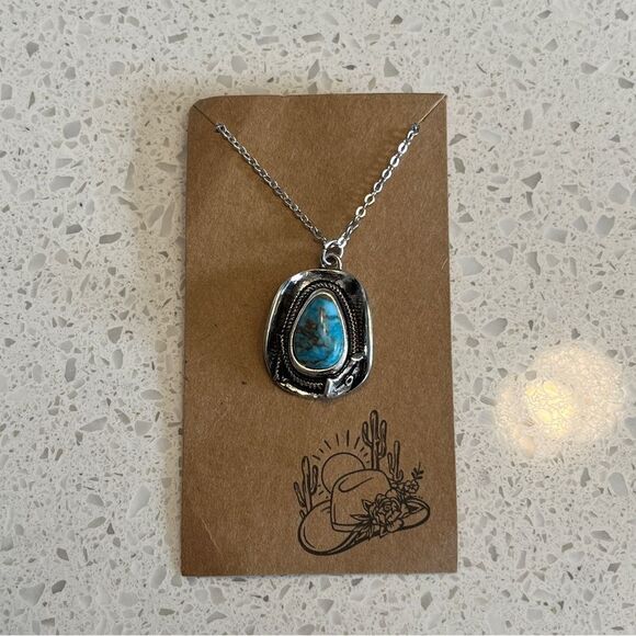 Western Turquoise Stone Decor Cowboy Hat Pendant Necklace - Picture 5 of 10